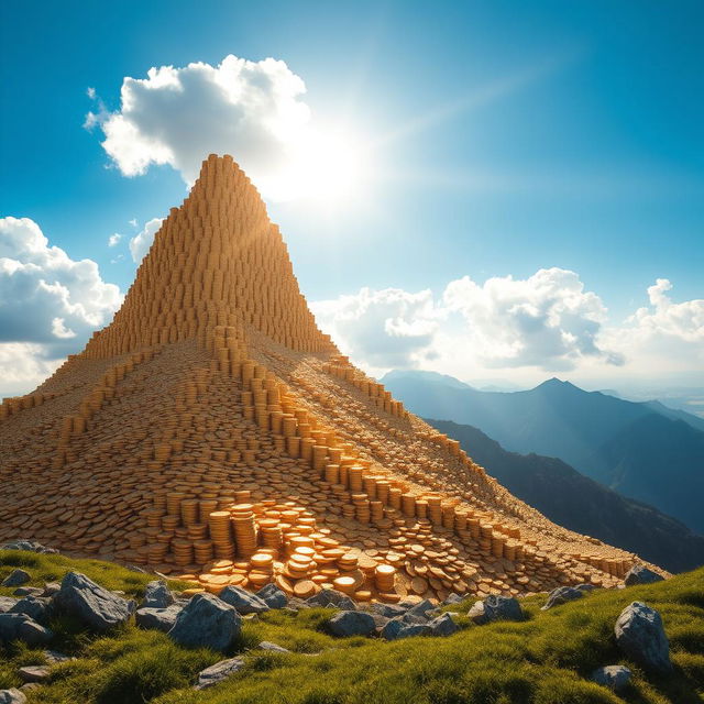 A majestic mountain made entirely of shiny gold coins, stacked high and glistening in the sunlight