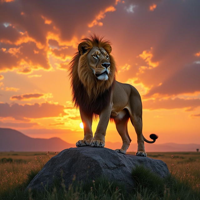 a powerful and confident lion standing majestically on a rocky outcrop, its golden mane blowing in the wind, under a dramatic sunset sky filled with vibrant oranges and purples, showcasing the beauty and strength of nature, with lush green grass in the foreground, and distant mountains in the background