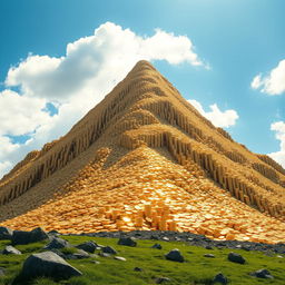 A majestic mountain made entirely of shiny gold coins, stacked high and glistening in the sunlight