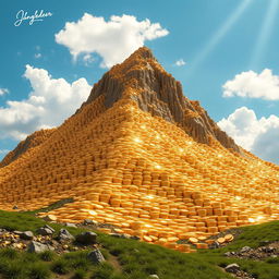 A majestic mountain made entirely of shiny gold coins, stacked high and glistening in the sunlight
