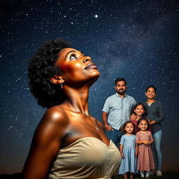 A dark-skinned woman standing gracefully, gazing up at a starry night sky, her face reflecting deep contemplation and hope