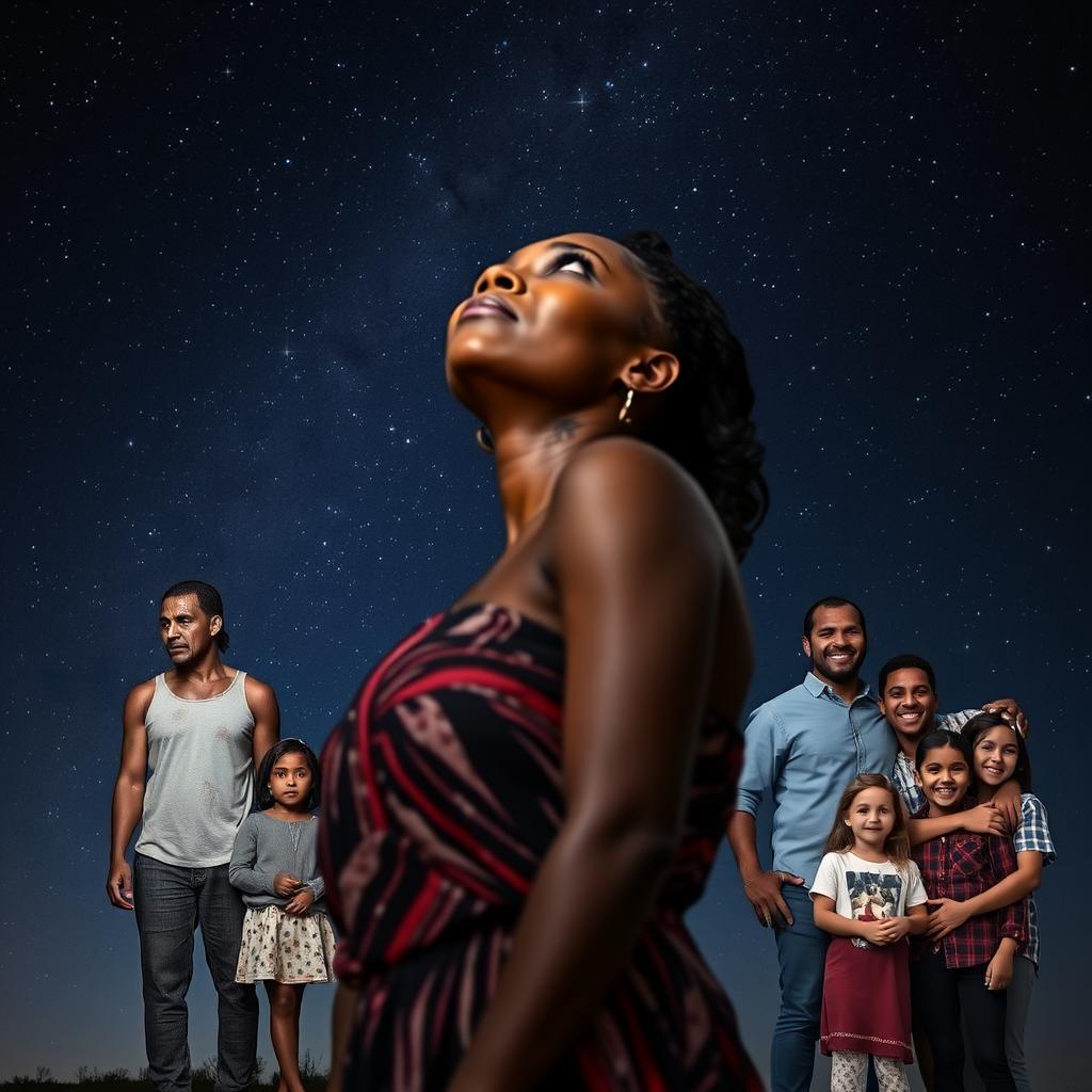 A dark-skinned woman standing gracefully, gazing up at a starry night sky, her face reflecting deep contemplation and hope