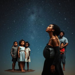 A dark-skinned woman standing gracefully, gazing up at a starry night sky, her face reflecting deep contemplation and hope