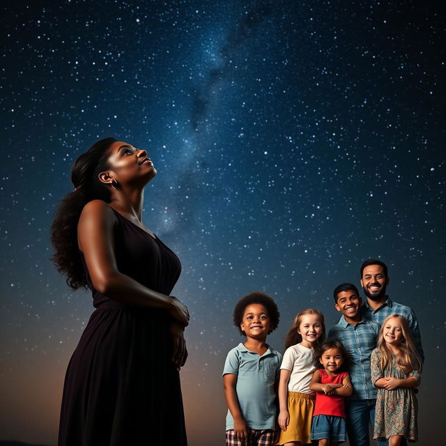 A dark-skinned woman standing gracefully, gazing up at a starry night sky, her face reflecting deep contemplation and hope