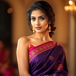 A beautiful young woman elegantly wearing a saree, with graceful draping and intricate embroidery