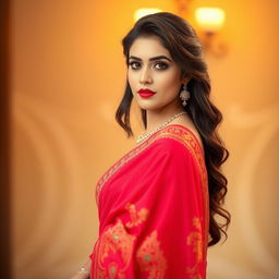 A beautiful young woman elegantly wearing a saree, with graceful draping and intricate embroidery