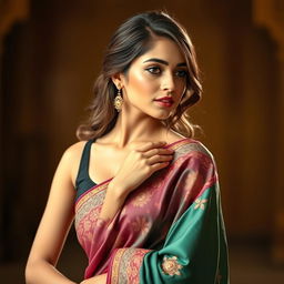 A beautiful young woman elegantly wearing a saree, with graceful draping and intricate embroidery
