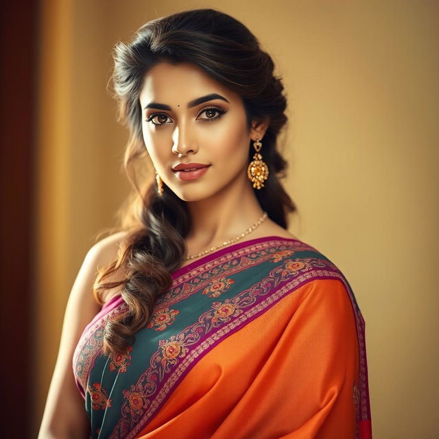 A beautiful young woman elegantly wearing a saree, with graceful draping and intricate embroidery