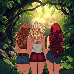 An illustration of three women viewed from behind, standing together in a dense jungle