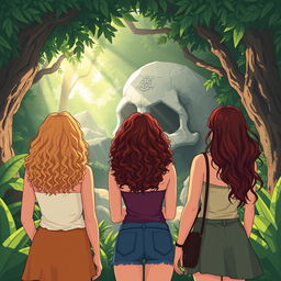 An illustration of three women viewed from behind, standing together in a dense jungle