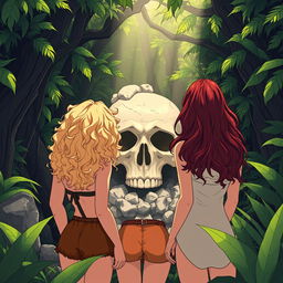 An illustration of three women viewed from behind, standing together in a dense jungle
