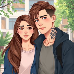 A semi-realistic illustration of a romantic duo of college students