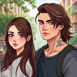 A semi-realistic illustration of a romantic duo of college students