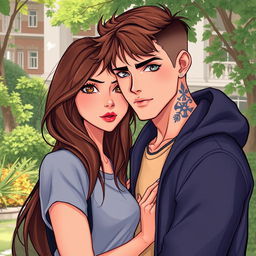 A semi-realistic illustration of a romantic duo of college students