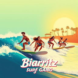 An artistic poster inspired by the film Biarritz Surf Gang, featuring a vibrant beach scene with surfers riding impressive waves