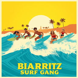 An artistic poster inspired by the film Biarritz Surf Gang, featuring a vibrant beach scene with surfers riding impressive waves