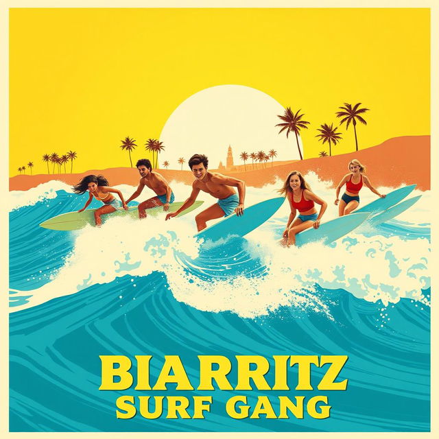 An artistic poster inspired by the film Biarritz Surf Gang, featuring a vibrant beach scene with surfers riding impressive waves