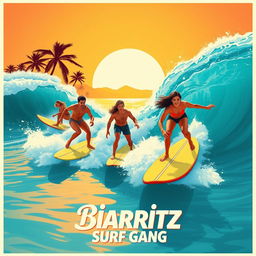 An artistic poster inspired by the film Biarritz Surf Gang, featuring a vibrant beach scene with surfers riding impressive waves