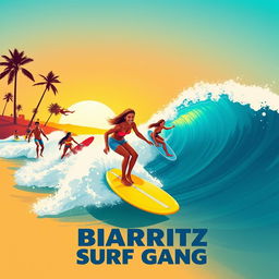 An artistic poster inspired by the film Biarritz Surf Gang, featuring a vibrant beach scene with surfers riding impressive waves