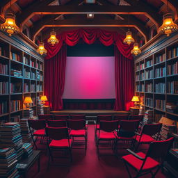 A vibrant, 4K architectural image of the cozy interior of a pop-up cinema located within a small children's library