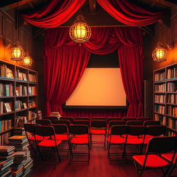 A vibrant, 4K architectural image of the cozy interior of a pop-up cinema located within a small children's library