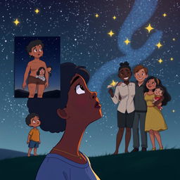 An animated scene featuring a dark-skinned woman gazing up thoughtfully at a beautiful starry night sky