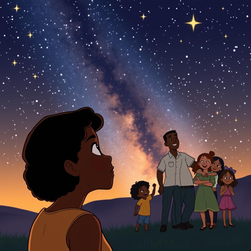 An animated scene featuring a dark-skinned woman gazing up thoughtfully at a beautiful starry night sky