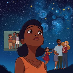 An animated scene featuring a dark-skinned woman gazing up thoughtfully at a beautiful starry night sky