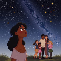 An animated scene featuring a dark-skinned woman gazing up thoughtfully at a beautiful starry night sky