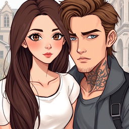 A semi-realistic illustration of a romantic duo of college students