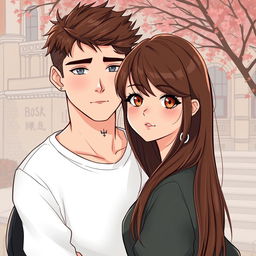 A semi-realistic illustration of a romantic duo of college students