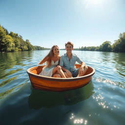 A serene river scene with a small boat gently floating on the water