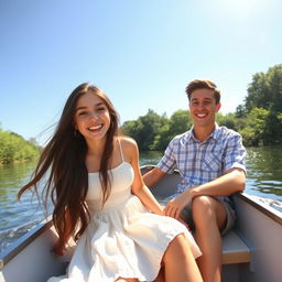A serene river scene with a small boat gently floating on the water