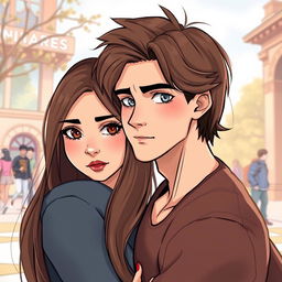 An engaging illustration of a romantic duo of college students