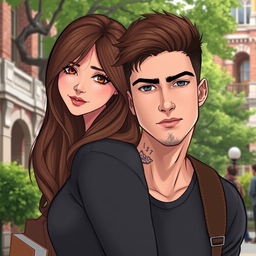A realistic illustration of a romantic duo of college students