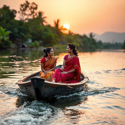 A picturesque scene depicting a beautiful young woman wearing a red saree and a young man sitting on a traditional boat navigating through a serene river