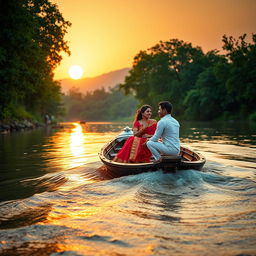 A picturesque scene depicting a beautiful young woman wearing a red saree and a young man sitting on a traditional boat navigating through a serene river