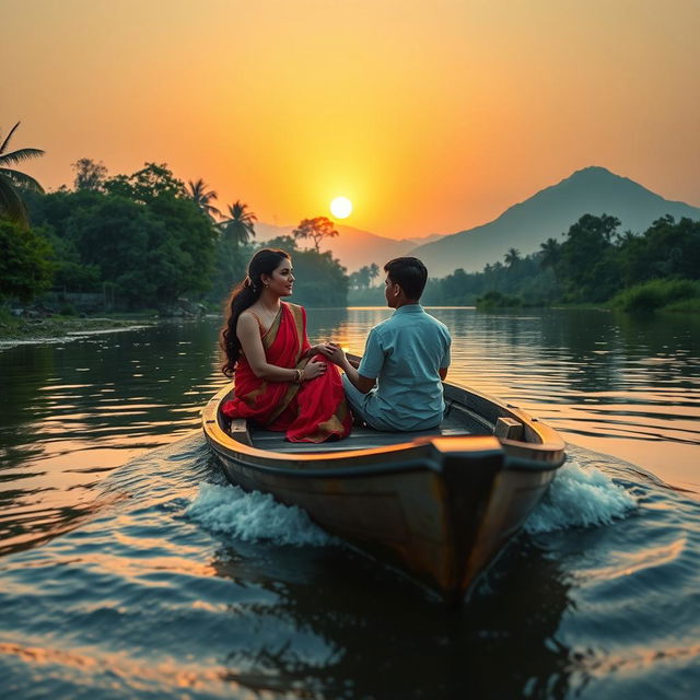 A picturesque scene depicting a beautiful young woman wearing a red saree and a young man sitting on a traditional boat navigating through a serene river