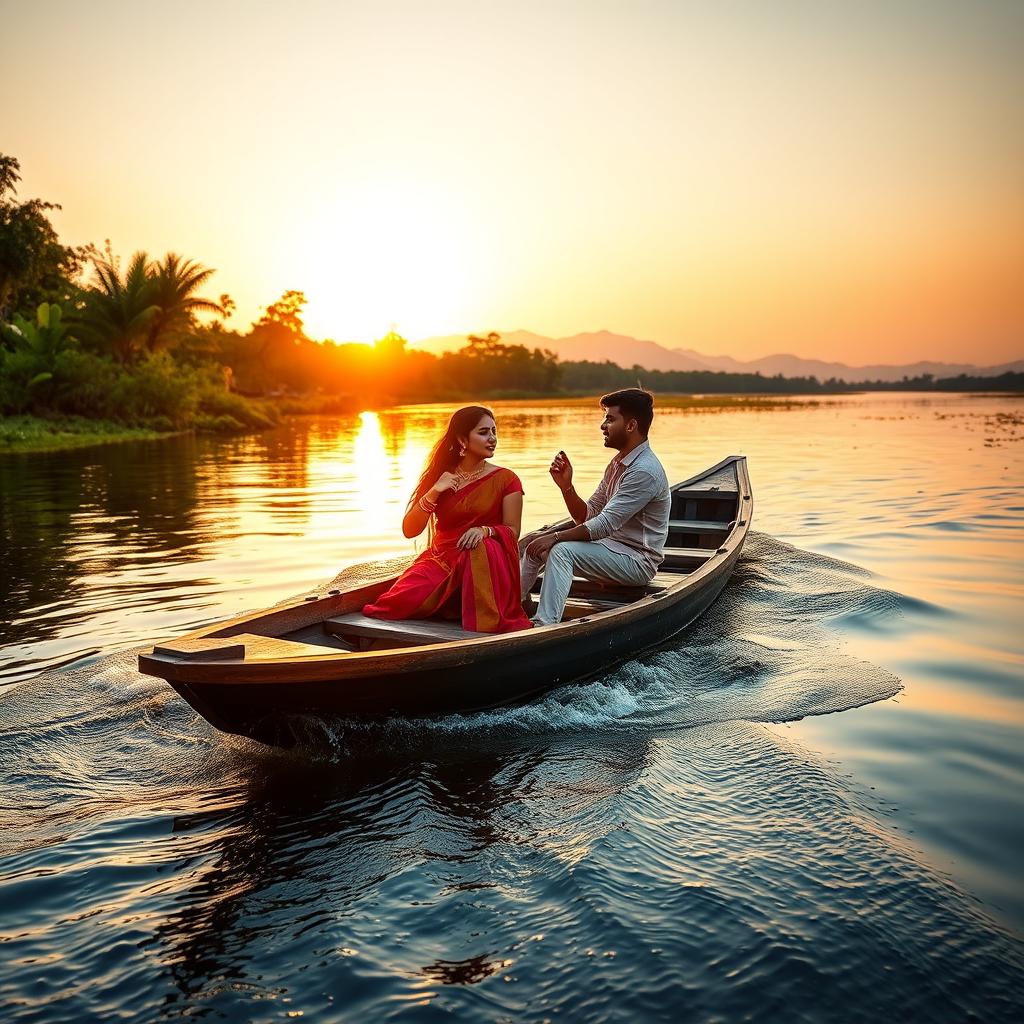 A picturesque scene depicting a beautiful young woman wearing a red saree and a young man sitting on a traditional boat navigating through a serene river