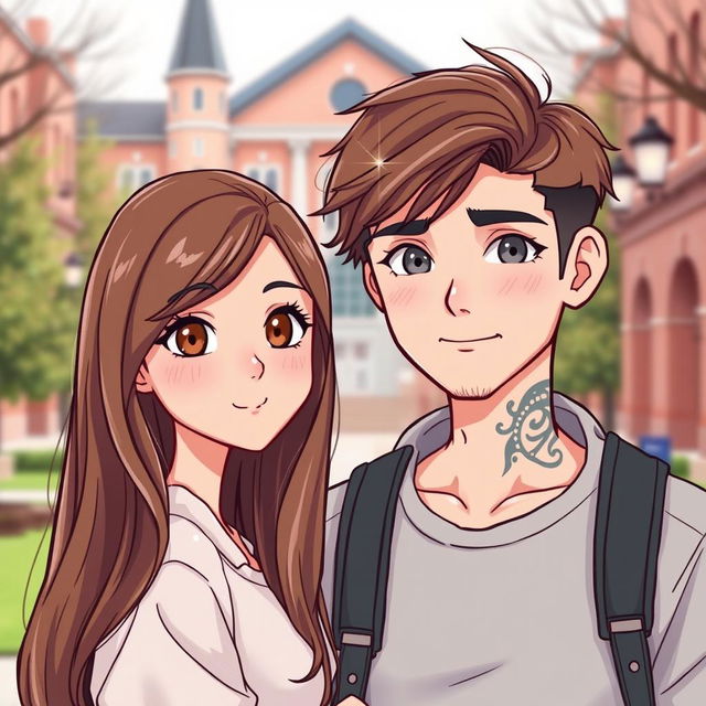 A charming illustration of a romantic duo of college students