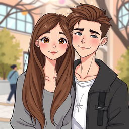 A charming illustration of a romantic duo of college students