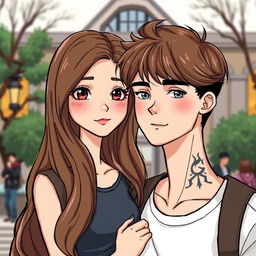 A charming illustration of a romantic duo of college students