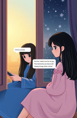 A heartwarming scene of two beautiful girls sitting by their respective windows, longing for each other