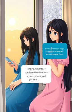 A heartwarming scene of two beautiful girls sitting by their respective windows, longing for each other