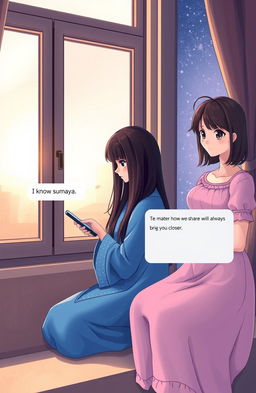 A heartwarming scene of two beautiful girls sitting by their respective windows, longing for each other