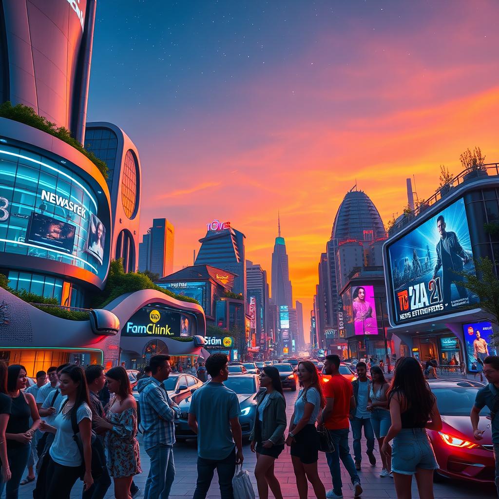 A futuristic cityscape at dusk, filled with neon lights and flying cars