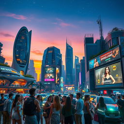A futuristic cityscape at dusk, filled with neon lights and flying cars