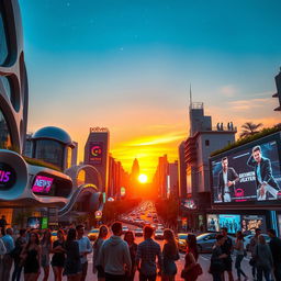 A futuristic cityscape at dusk, filled with neon lights and flying cars