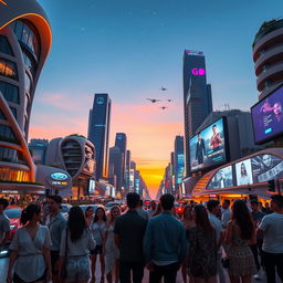 A futuristic cityscape at dusk, filled with neon lights and flying cars