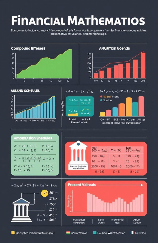 A detailed and visually engaging infographic illustrating various financial mathematics concepts, including compound interest, annuities, amortization schedules, and present value calculations